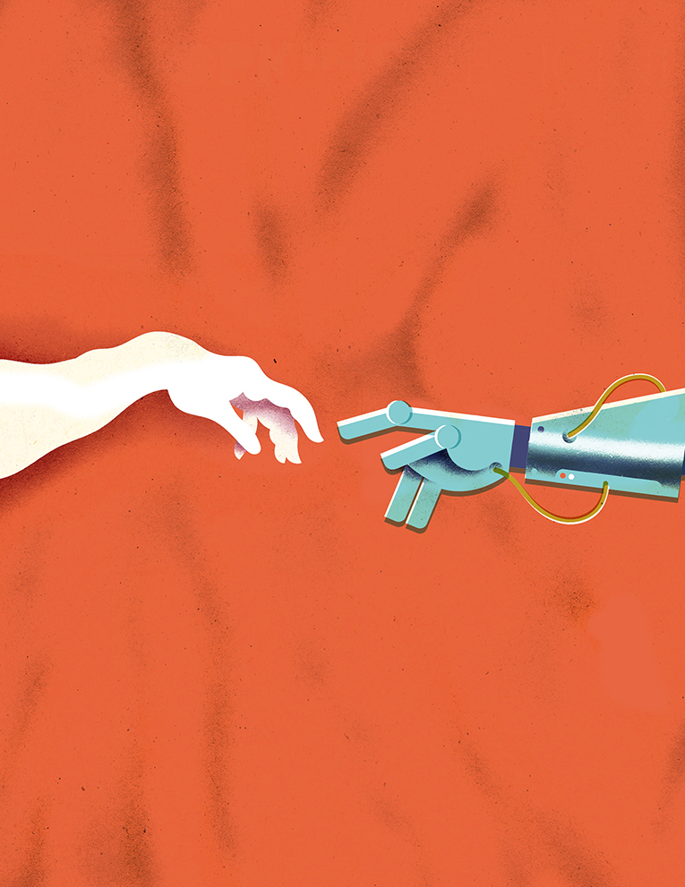 Paying homage to the Sistine Chapel painting, "The Creation of Adam," a human hand and a robot hand are close to touching.