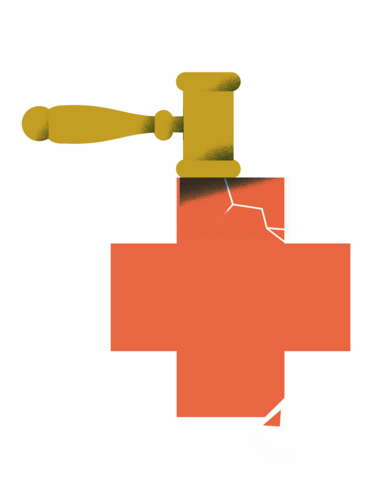 A red medical cross is hit by a gavel, causing it to crack and crumble. 