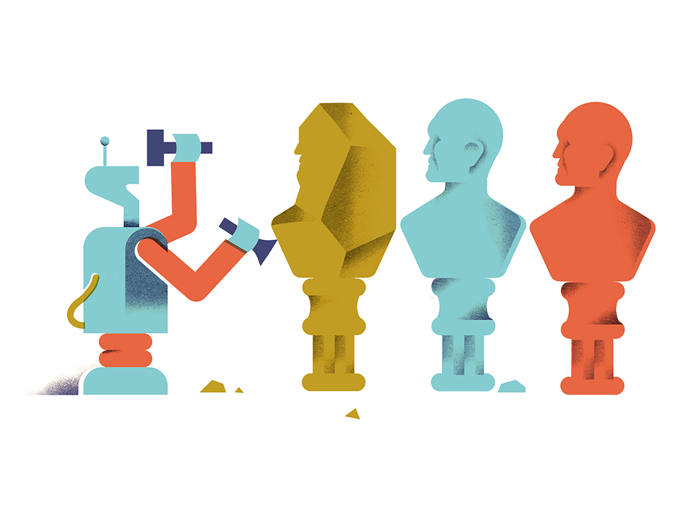 A robot chisels male busts out of different colored materials.