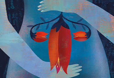 conceptual illustration of woman holding flower above womb