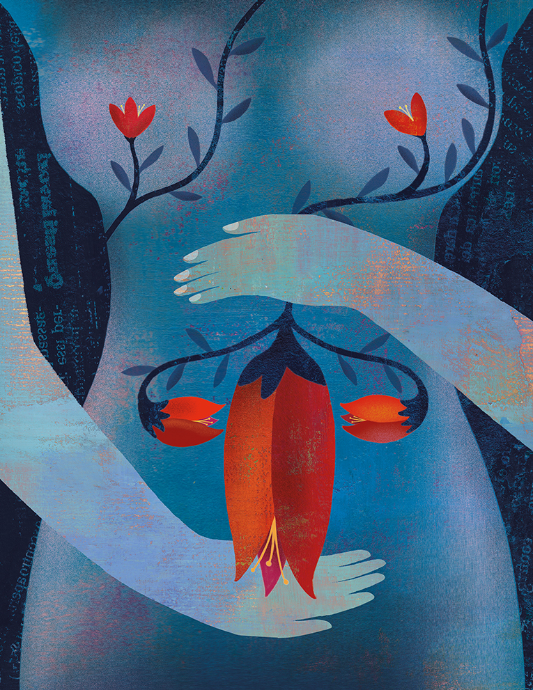 conceptual illustration of woman holding flower above womb