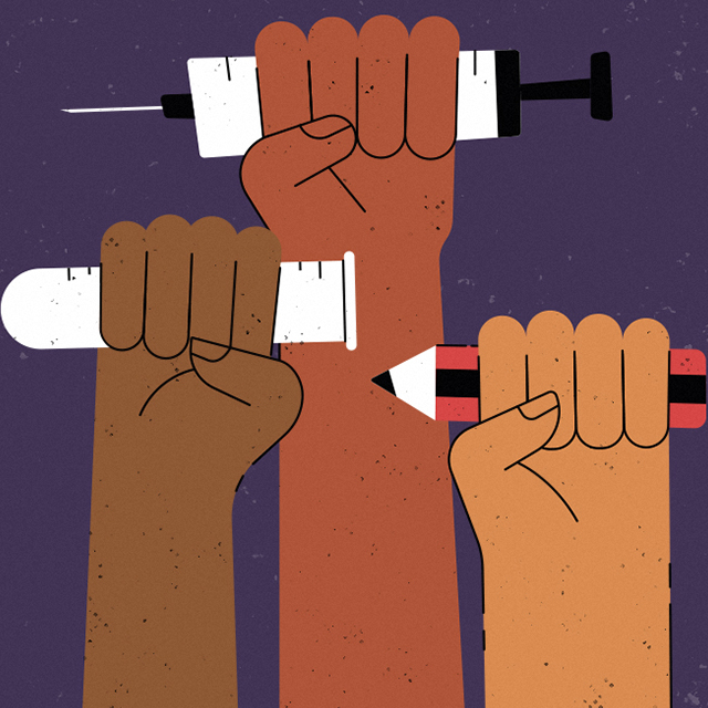Fists of people of color hold a syringe, a test tube and a pencil.