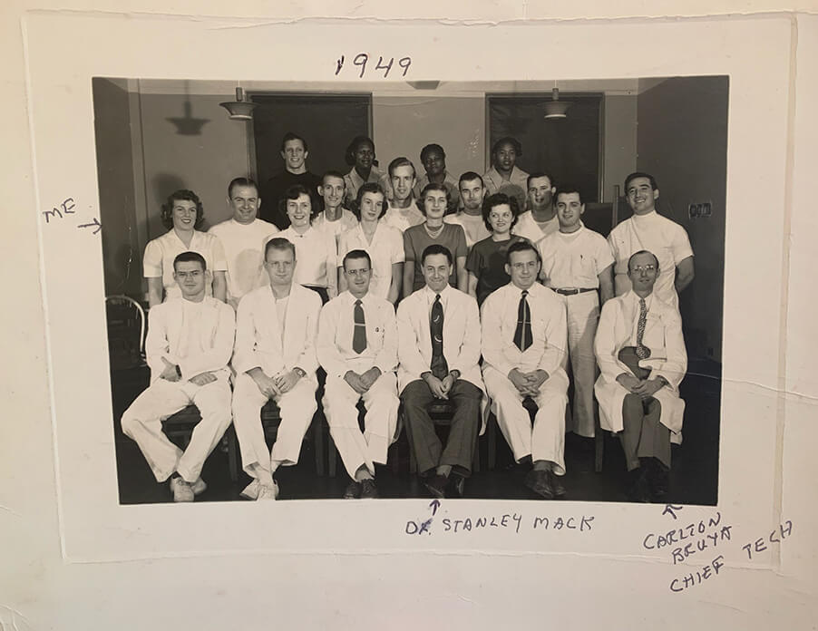Elsie Protani (second row, first from left) with her class at Baltimore City Hospitals, now Johns Hopkins Bayview Medical Center, 1949