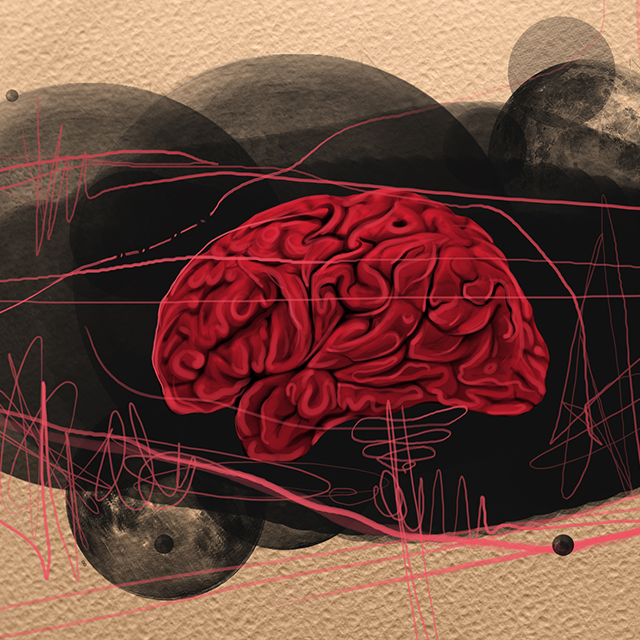 Illustration of a red painted brain inside a hole