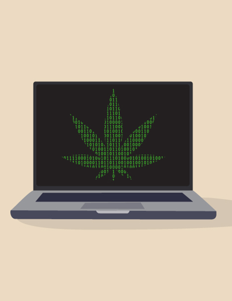 An illustration of a laptop with a pot leaf made out of 1s and 0s