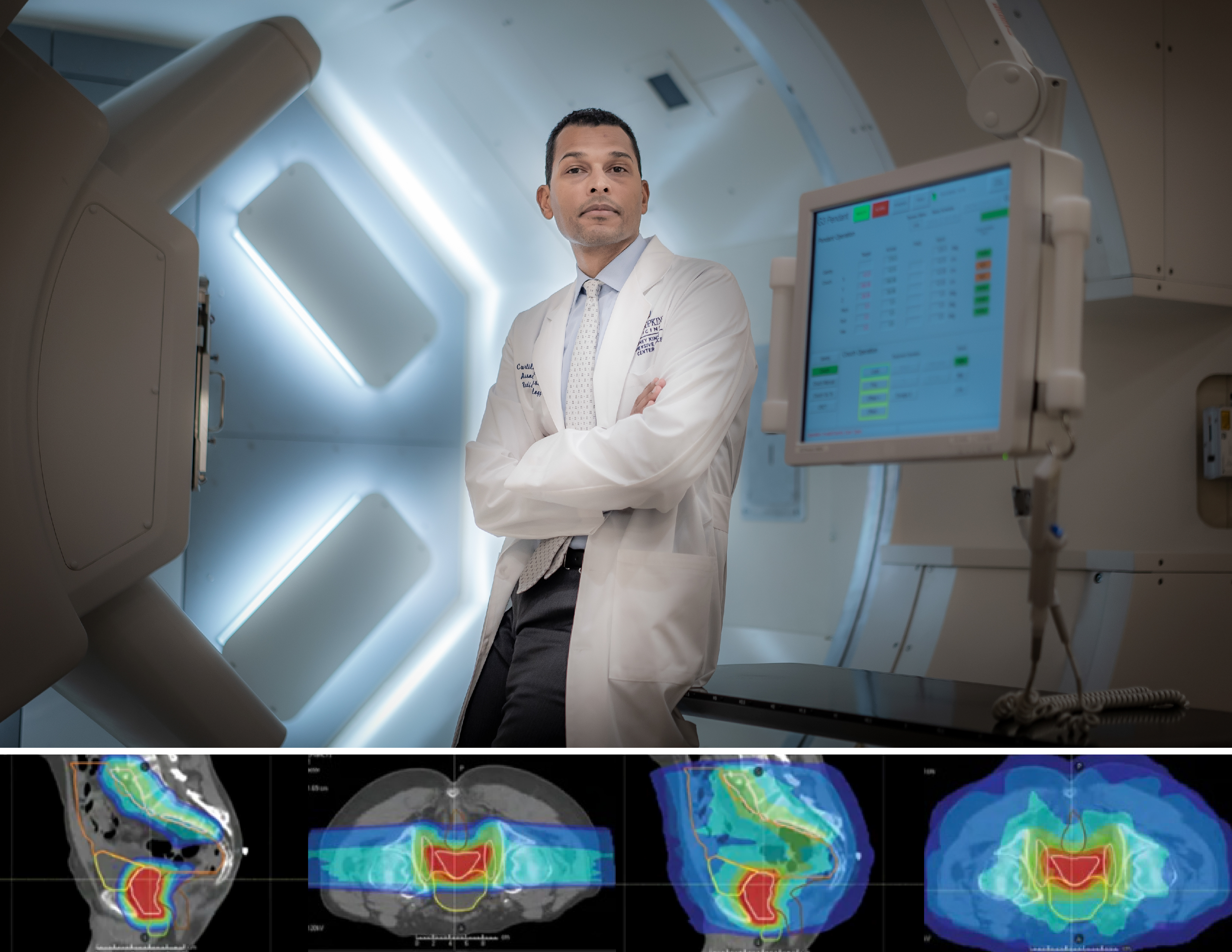 Curtiland Deville, wearing a white lab coat, light blue button down shirt and white dotted tie, poses in front of the proton machine. Below him are The example shows how a patient’s bowel, bladder and rectum are spared of radiation in proton therapy versus photon radiation therapy.