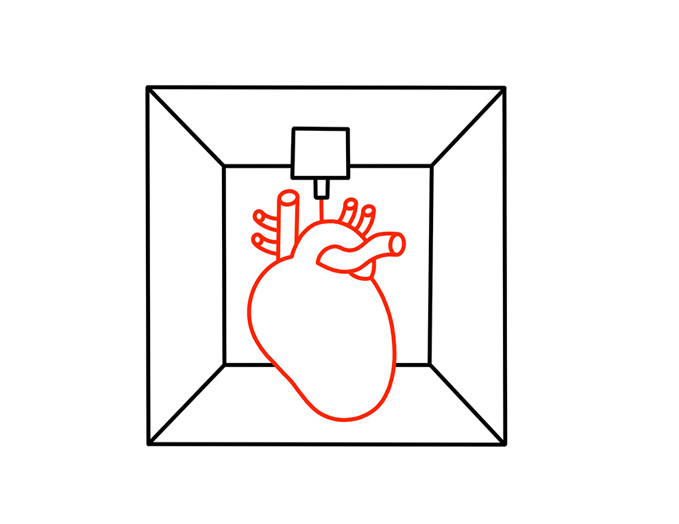 Line illustration of a 3-D printed heart.