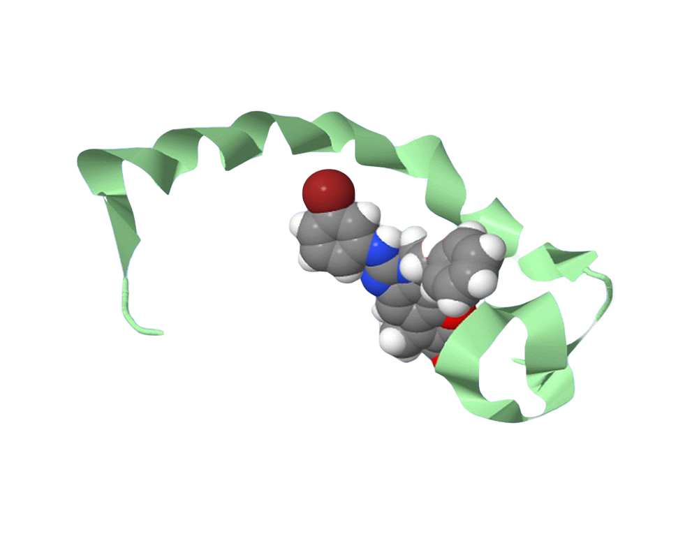 A molecule with a green, unraveling ribbon.
