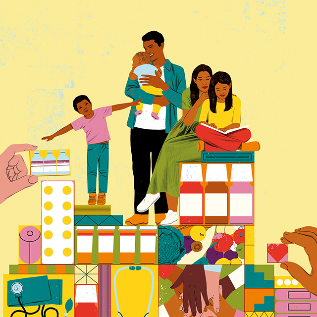 An illustration of a Latinx Family sitting together.