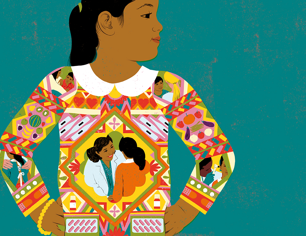 An illustration of a Latina girl wearing a patterned sweater.