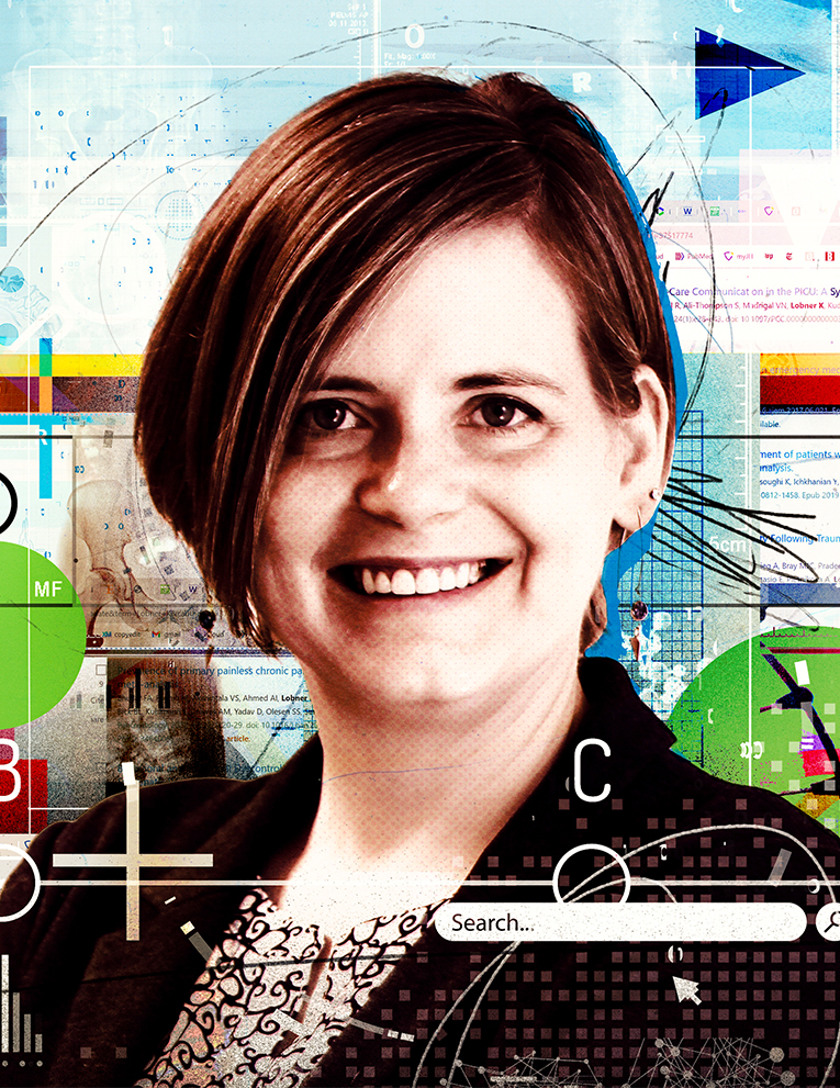 Katie Lobner on a digital, glitchy, collage style background.