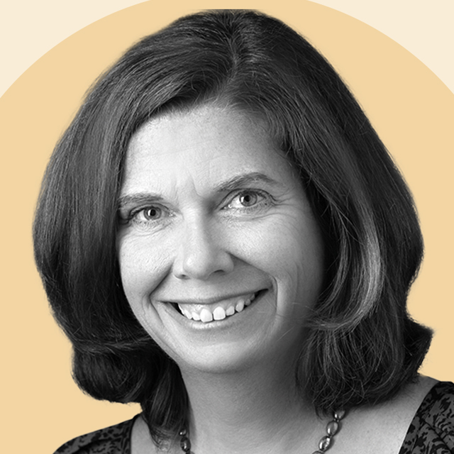 A portrait of Sue DePasquale on an orange background.
