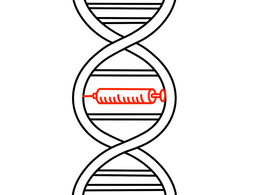 An illustration of DNA with a syringe in the middle.
