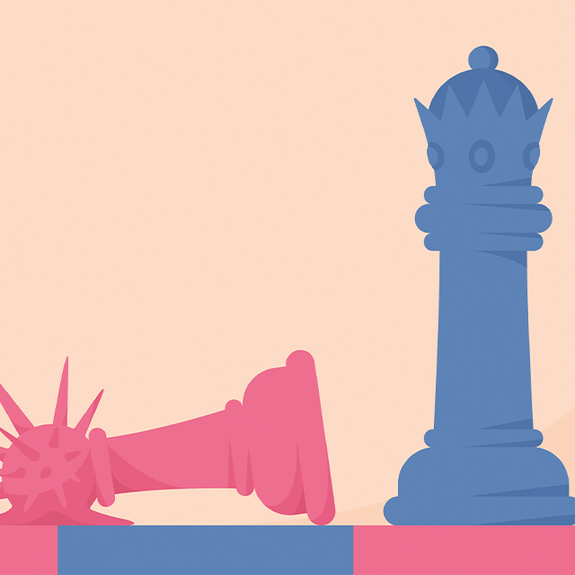A spiky, pink chess piece is knocked over by a blue colored queen chess piece.