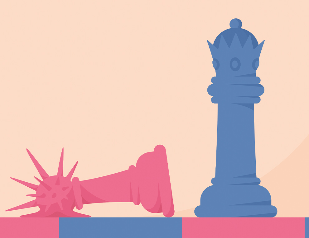 A spiky, pink chess piece is knocked over by a blue colored queen chess piece.