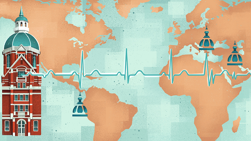A flattened out world map. On the left side is the Billings Building. Running through the map is a heart EKG. On various countries are JHM logos.