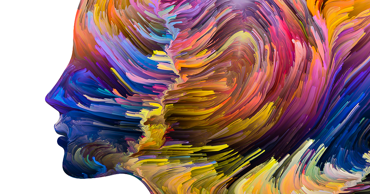 A painting of a woman's face made up of rainbow swirls