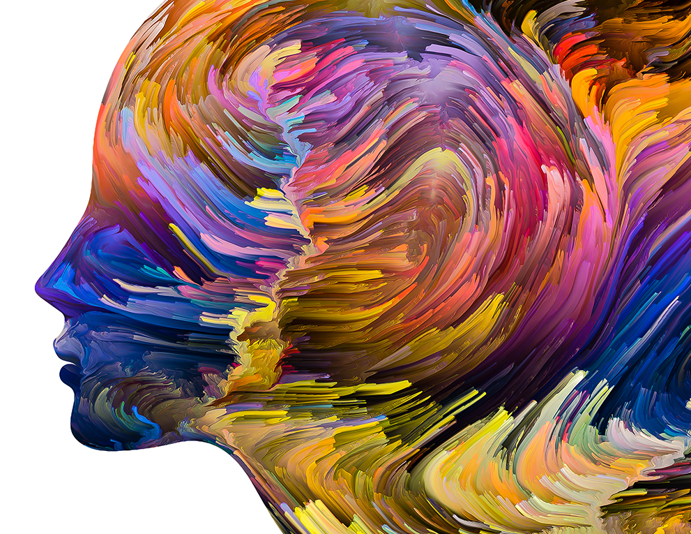 A painting of a woman's face made up of rainbow swirls