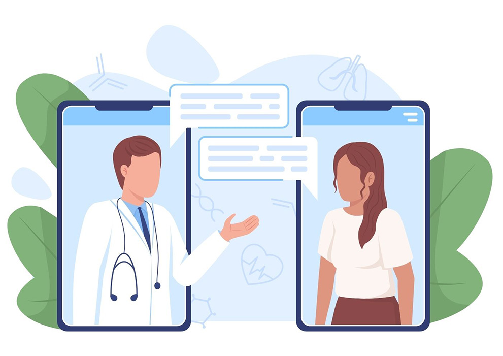 Illustration of doctor and patient speaking to each other from phone screens