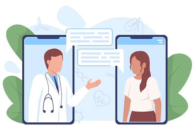 Illustration of doctor and patient speaking to each other from phone screens