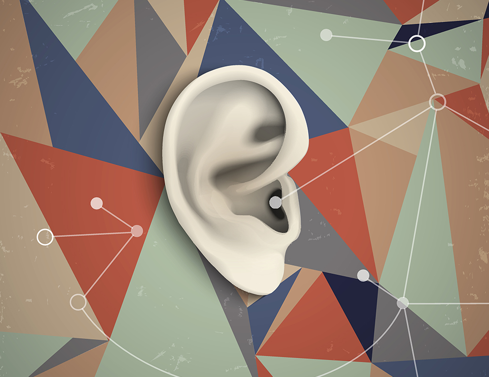 A white ear on a geometric background