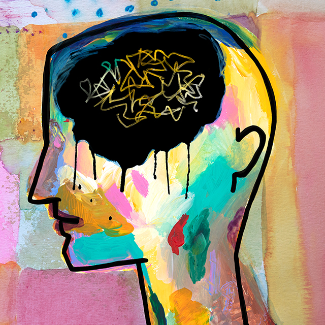 A colorful, abstract silhouette of a human being with scratchy lines in brain area to show pain