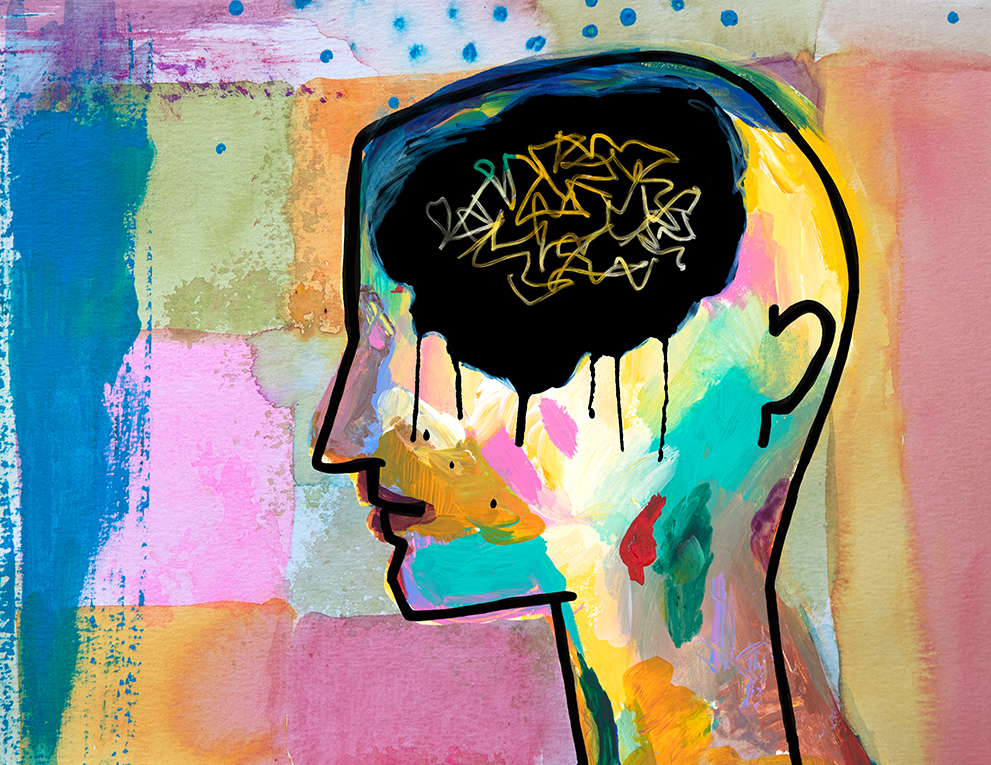 A colorful, abstract silhouette of a human being with scratchy lines in brain area to show pain