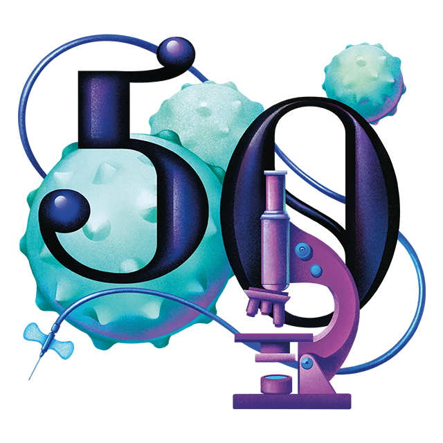 Illustration of the number 50 with microscope