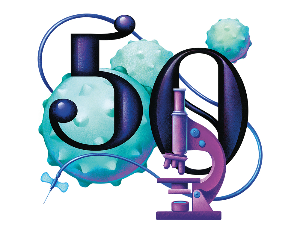 Illustration of the number 50 with microscope