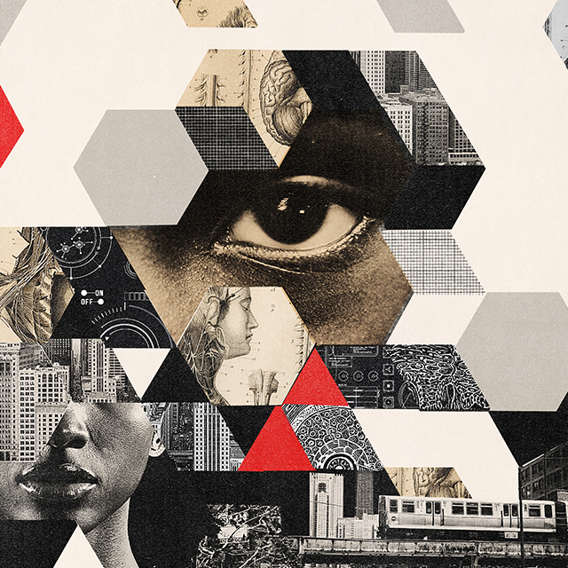 An intricate illustration of hexagons made up of medical illustrations and graphics. In the center is the face of an African American woman. 