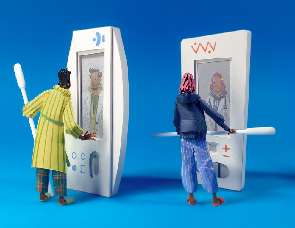 Illustration of people standing with large at-home test and swab.