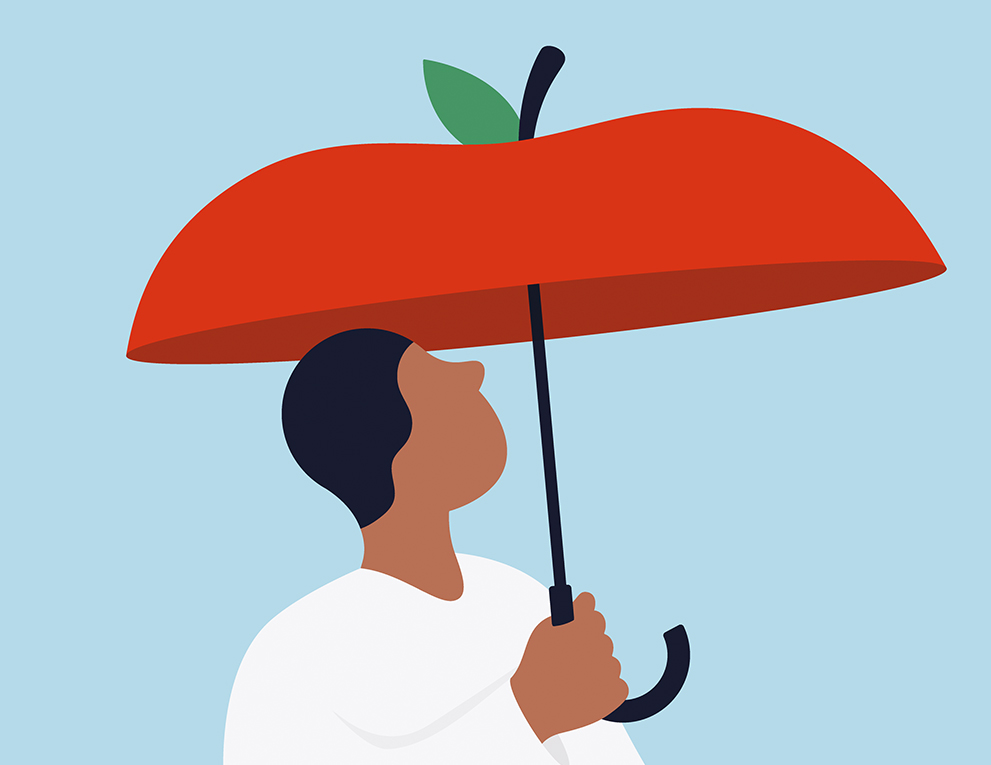 An illustration of a man holding an apple umbrella