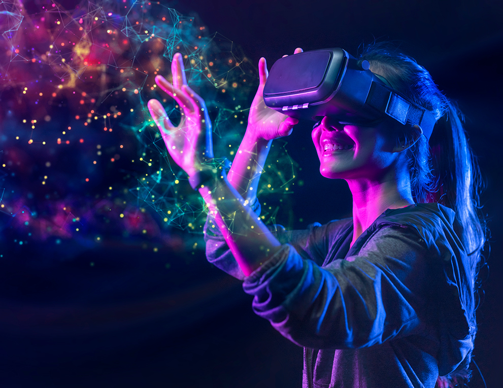 illustration of young woman wearing VR goggles playing a game