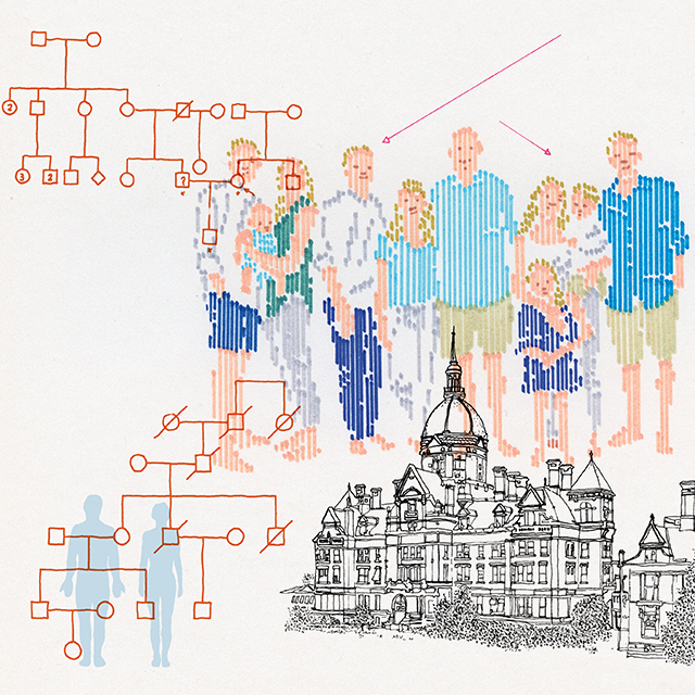 An illustration of a family. Arrows surround them.