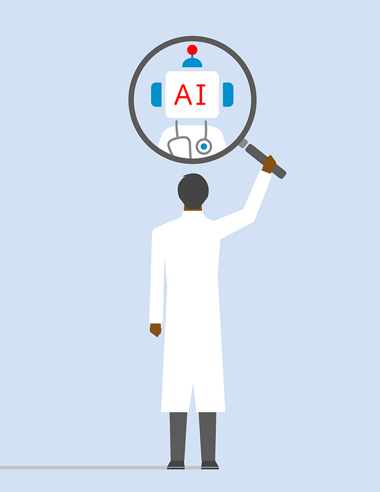 A doctor holds a magnify glass up to a robot with AI on it.