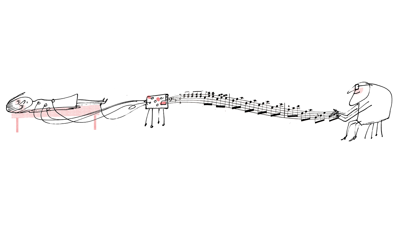 A stick figure patient lays on a bed with monitors attached. Across from her is a chart of written music going toward a doctor sitting in a chair.