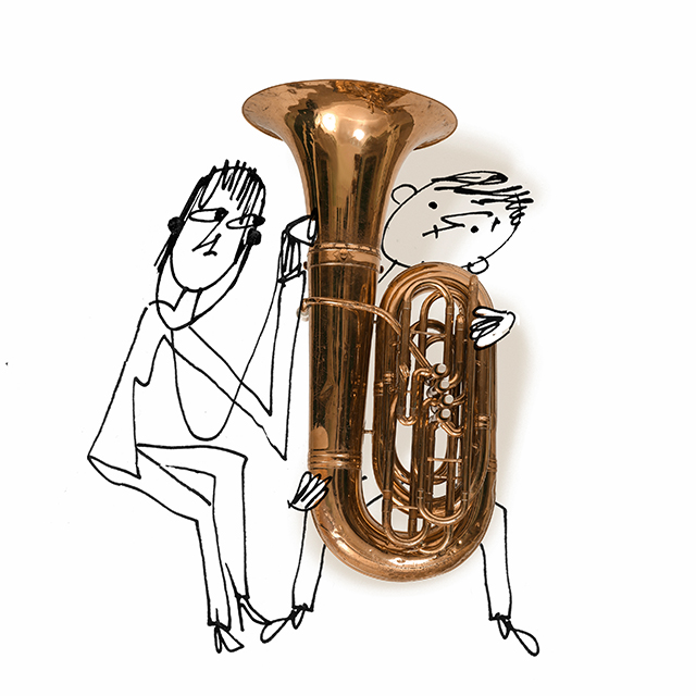 A stick figure plays a realistic tuba while a stick figure doctor listens with a stethoscope.