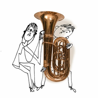 A stick figure plays a realistic tuba while a stick figure doctor listens with a stethoscope.