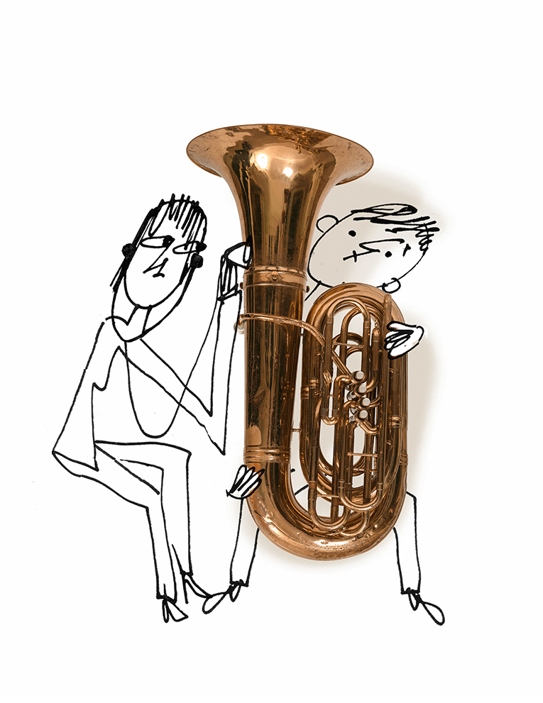 A stick figure plays a realistic tuba while a stick figure doctor listens with a stethoscope.