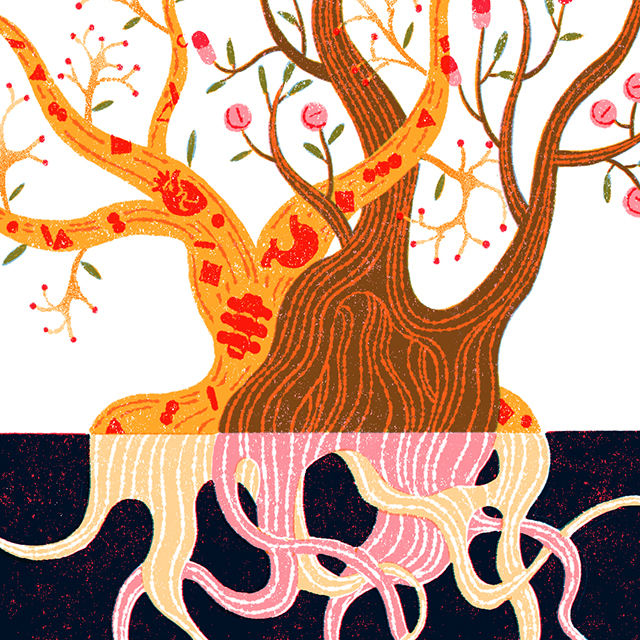 An abstract illustration of a tree with roots.