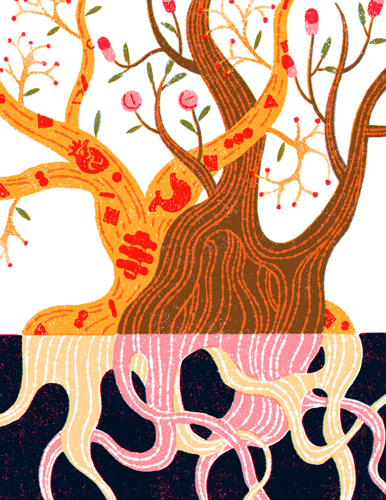 An abstract illustration of a tree with roots.