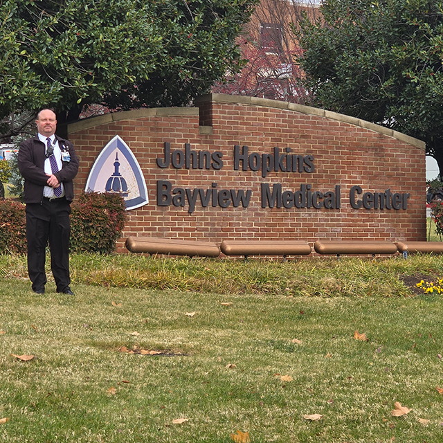 Todd Dousa outside Johns Hopkins Bayview Medical Center
