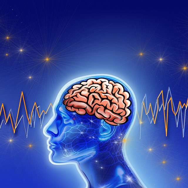 Illustrated side view outline of person with brain showing and EEG readings