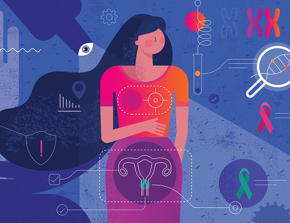 illustration with hand drawn textures depicting women's health awareness and importance of medical research