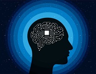 Silhouette of a human head with a circuit board brain on a starry background. Conveys the concept of technology.
