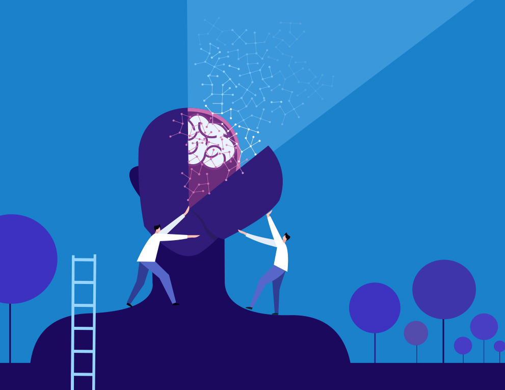 An illustration of a human head with an exposed brain. Two small figures of doctors are exploring.