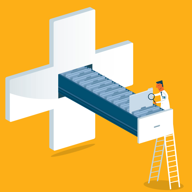 Conceptual Illustration of doctor looking through files
