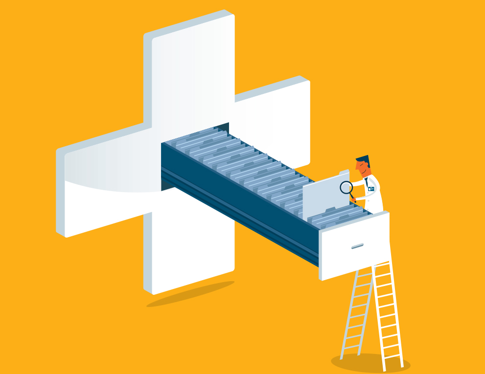 Conceptual Illustration of doctor looking through files