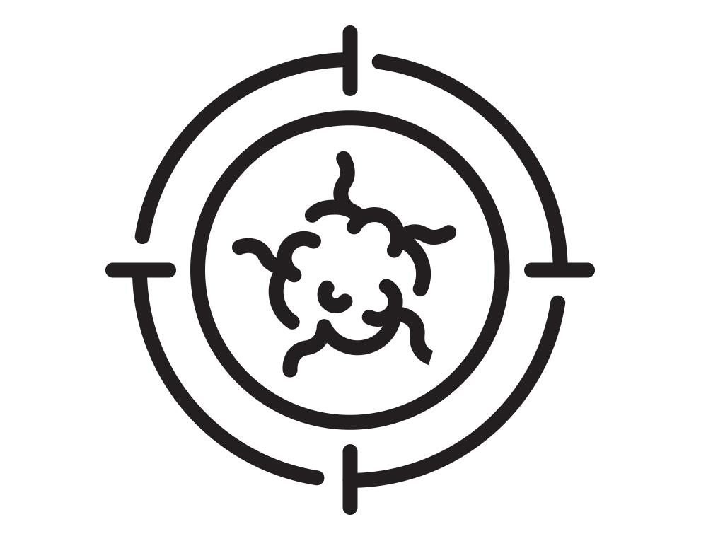 An illustration of a tumor inside crosshairs. 