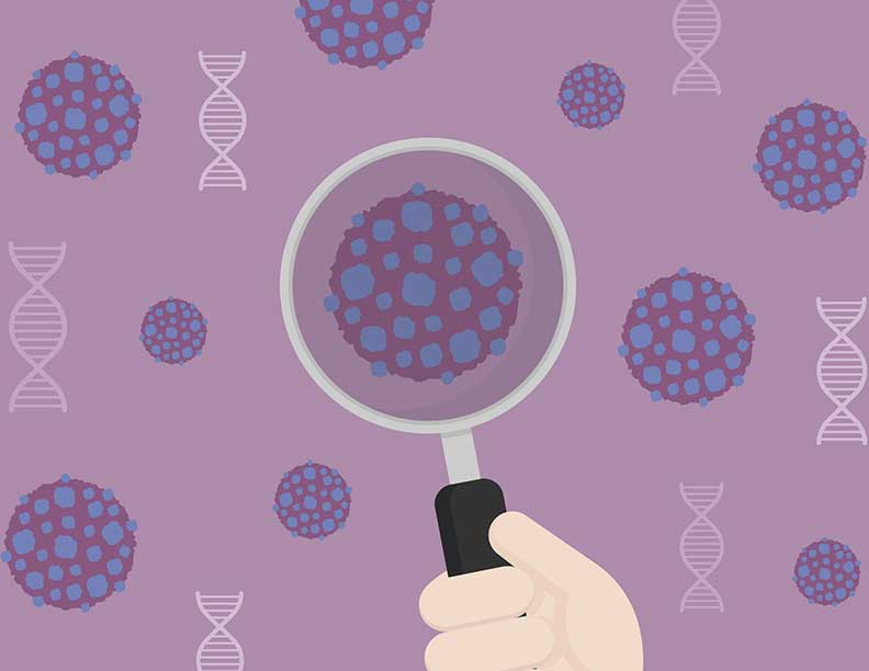 An illustration of a hand with a magnifying glass placed over a molecule against a purple background.